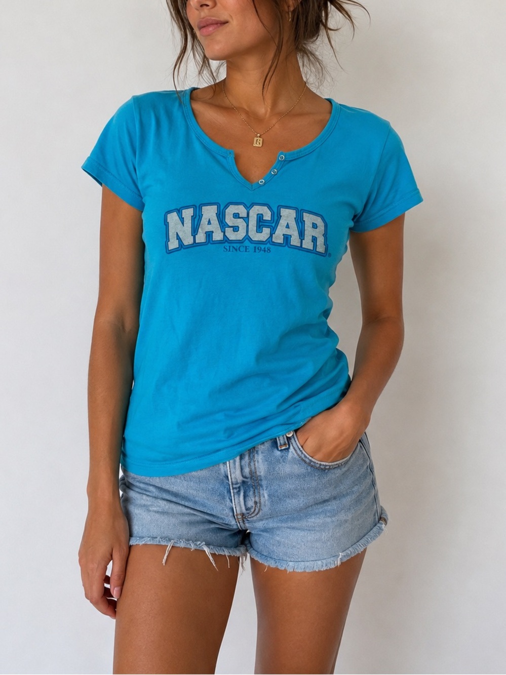 NASCAR Turquoise Graphic Tee T-Shirt Y2K Racing Motorsport Vintage Sporty Casual